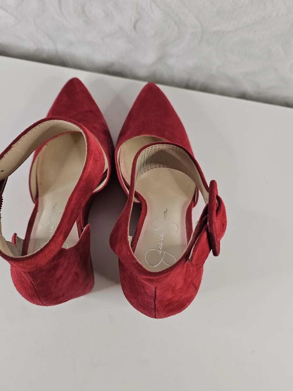 Jessica Simpson Red Suede Ankle-Strap Pointed-Toe Heels -